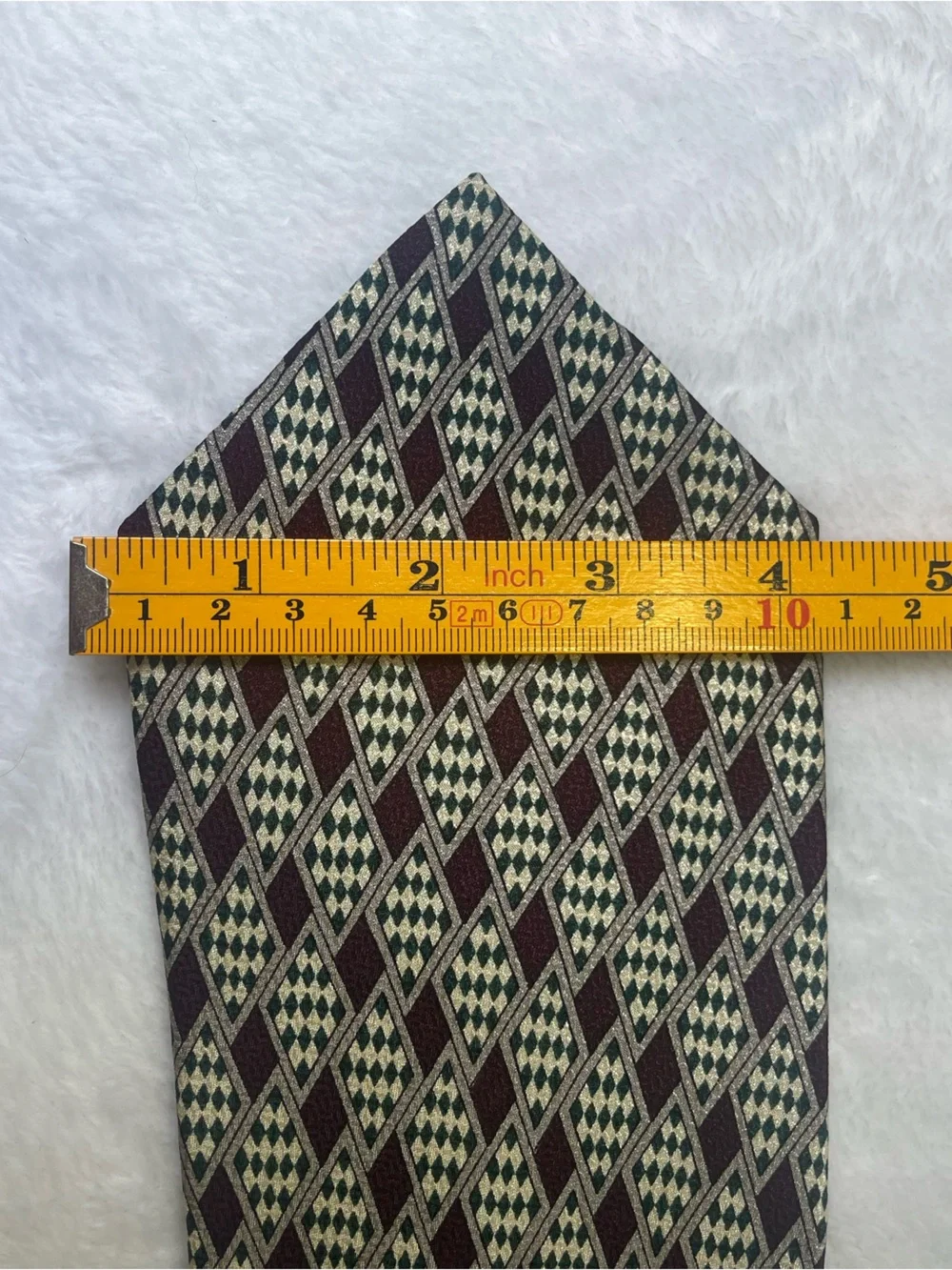 Pattini Mens 100% Silk Extra Long Tie Burgundy Green Geometric Diamond